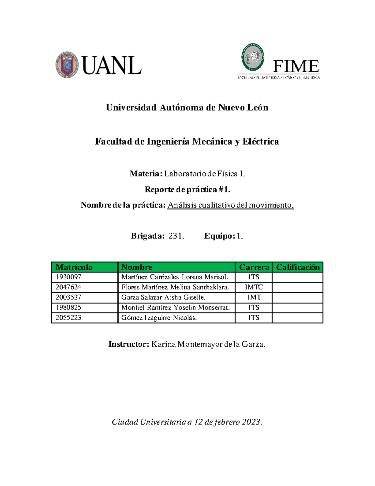 Reporte Lab Fisica P1 - Universidad Autónoma De Nuevo León Facultad De ...