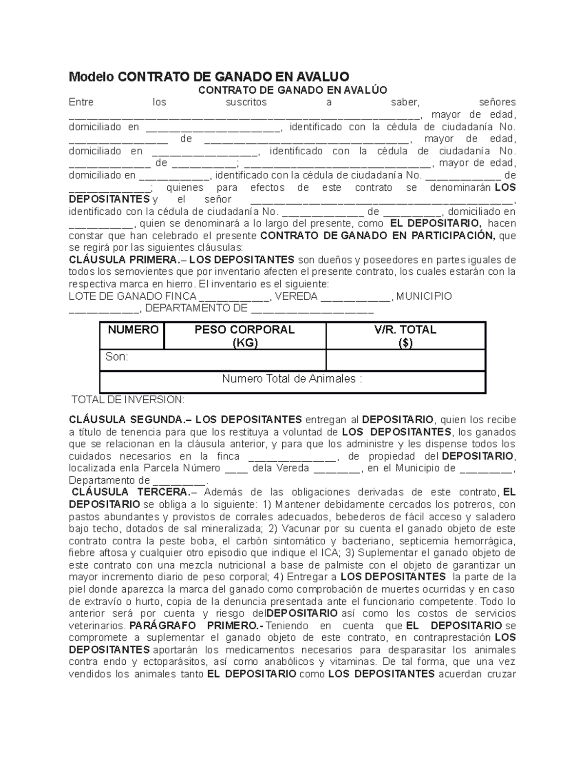 Modelo Contrato DE Ganado EN Avaluo Modelo CONTRATO DE GANADO EN