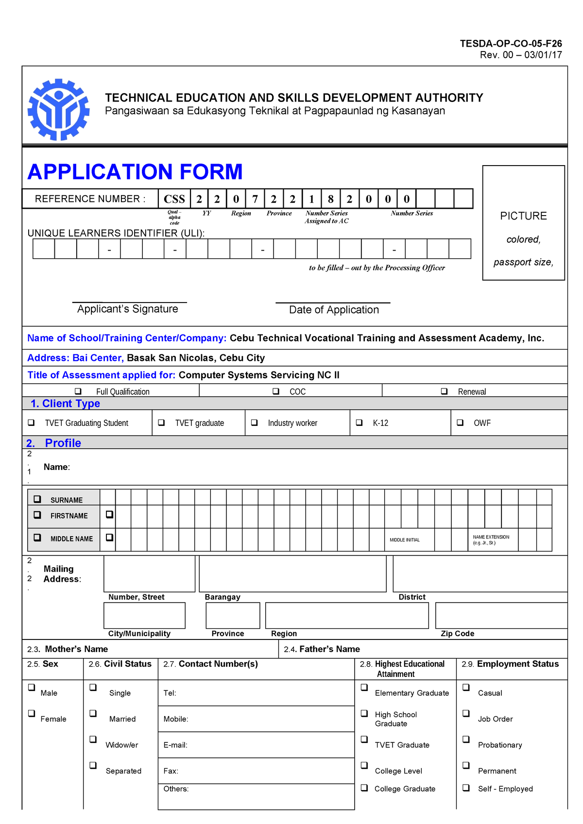 CSS Application for Assessment Final - TESDA-OP-CO-05-F Rev. 00 – 03/01 ...