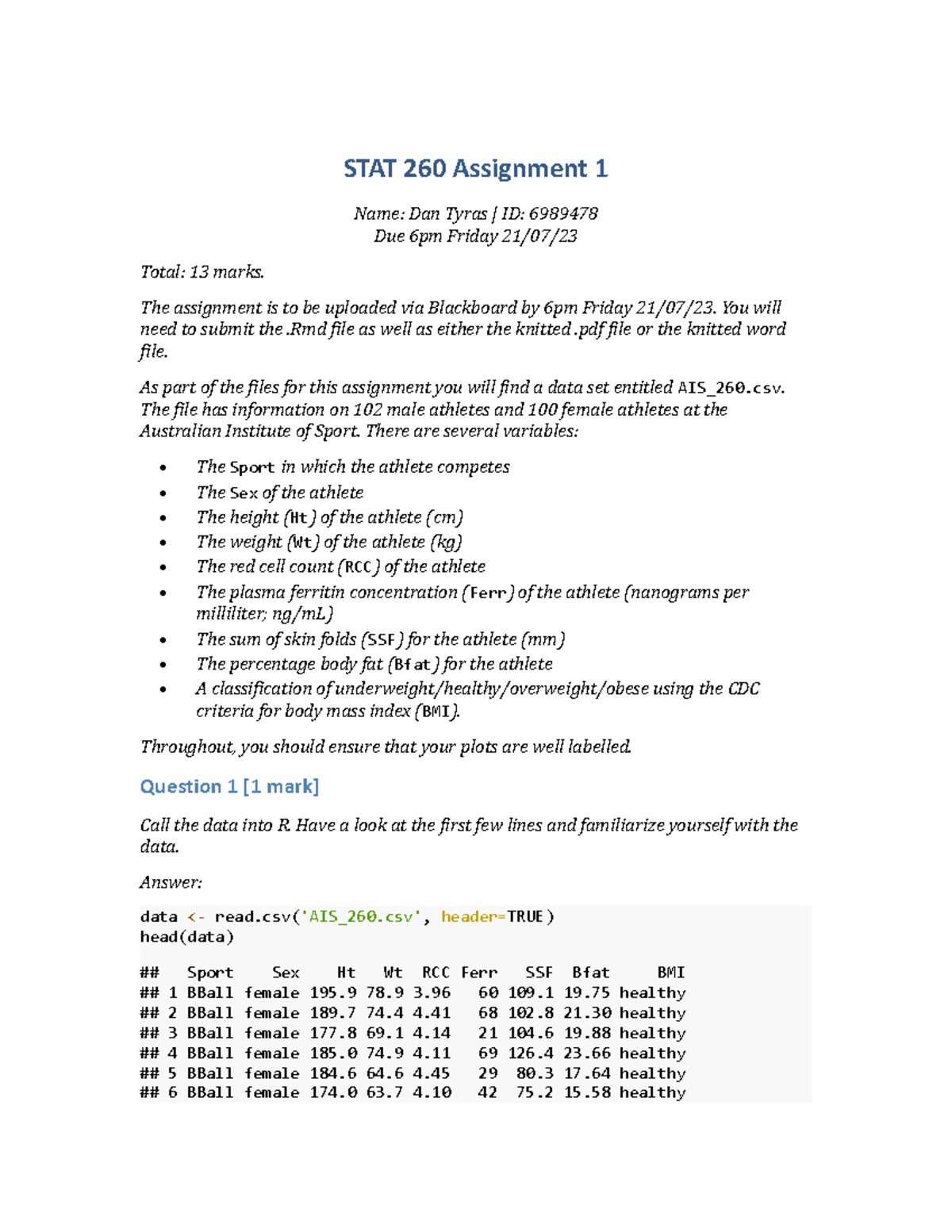 A1 R studio code STAT 260 Assignment 1 Name Dan Tyras ID