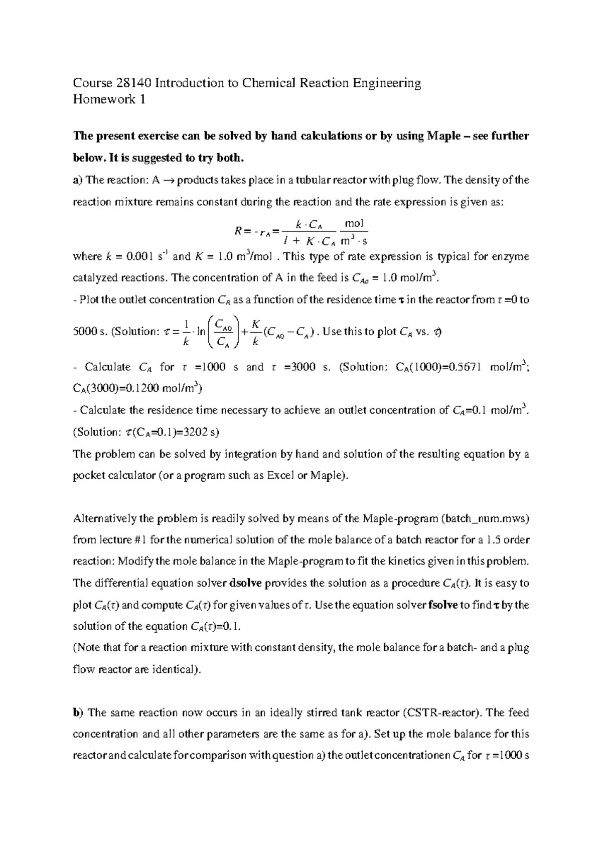 Homework 1 - Course 28140 Introduction to Chemical Reaction Engineering ...