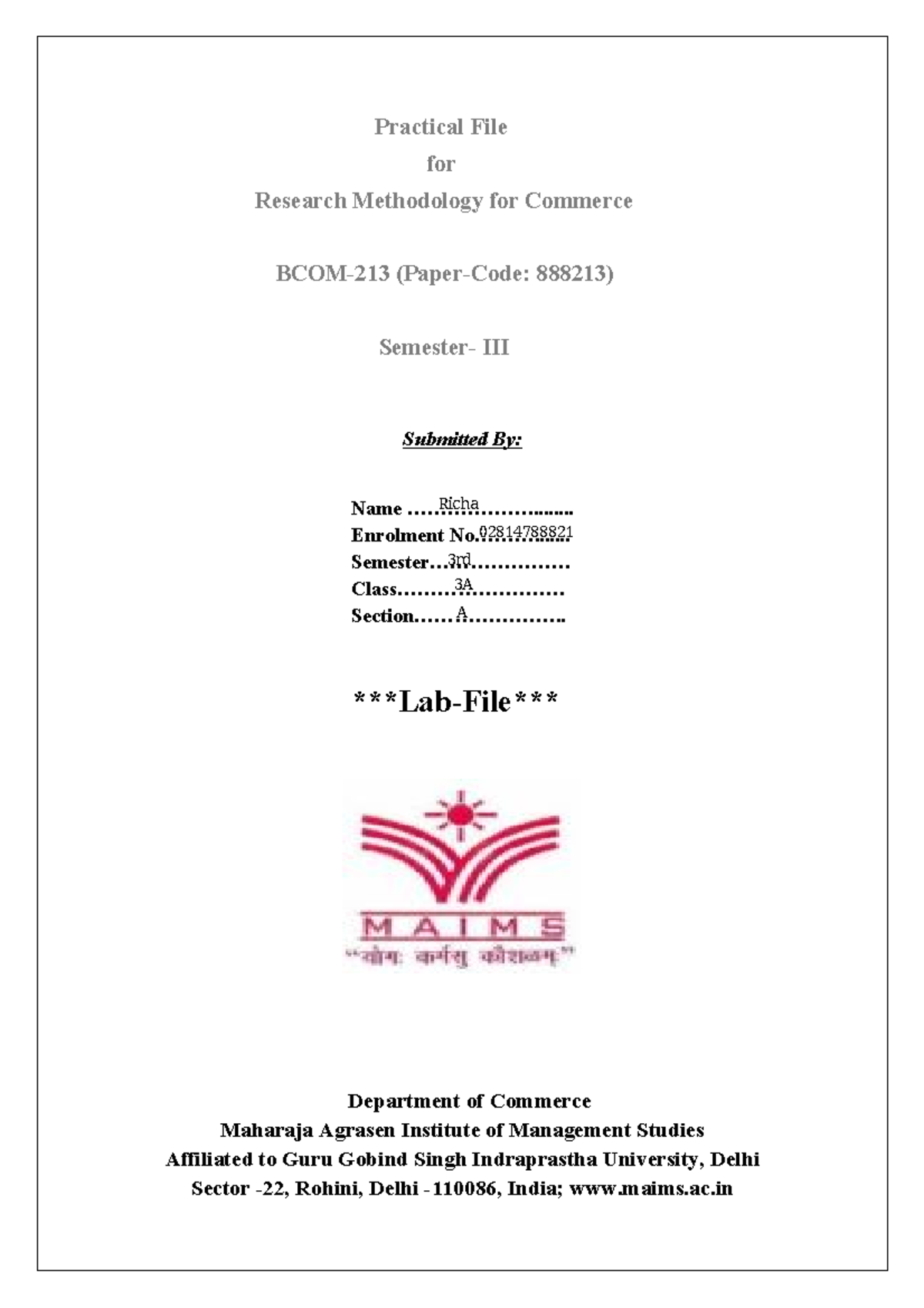 Richa 3A RMC Assignments - Practical File for Research Methodology for ...