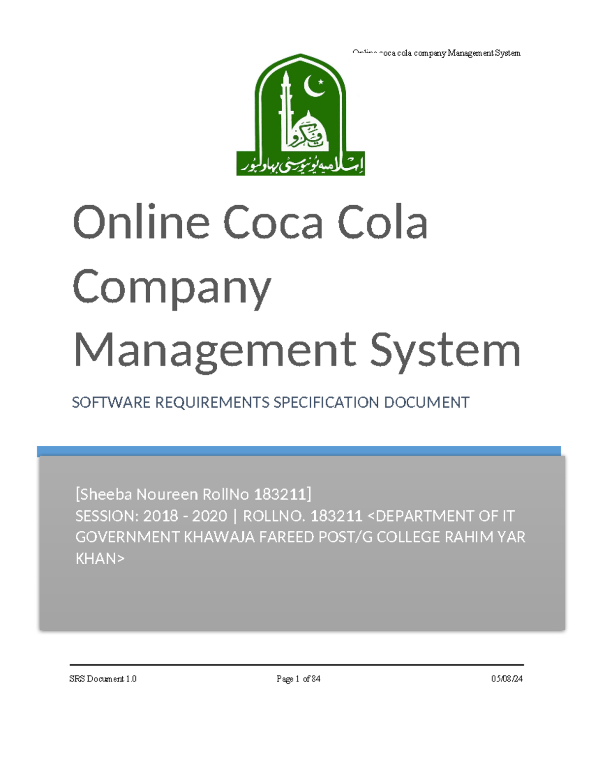 Online coca cola company management system SRS - [Sheeba Noureen RollNo ...