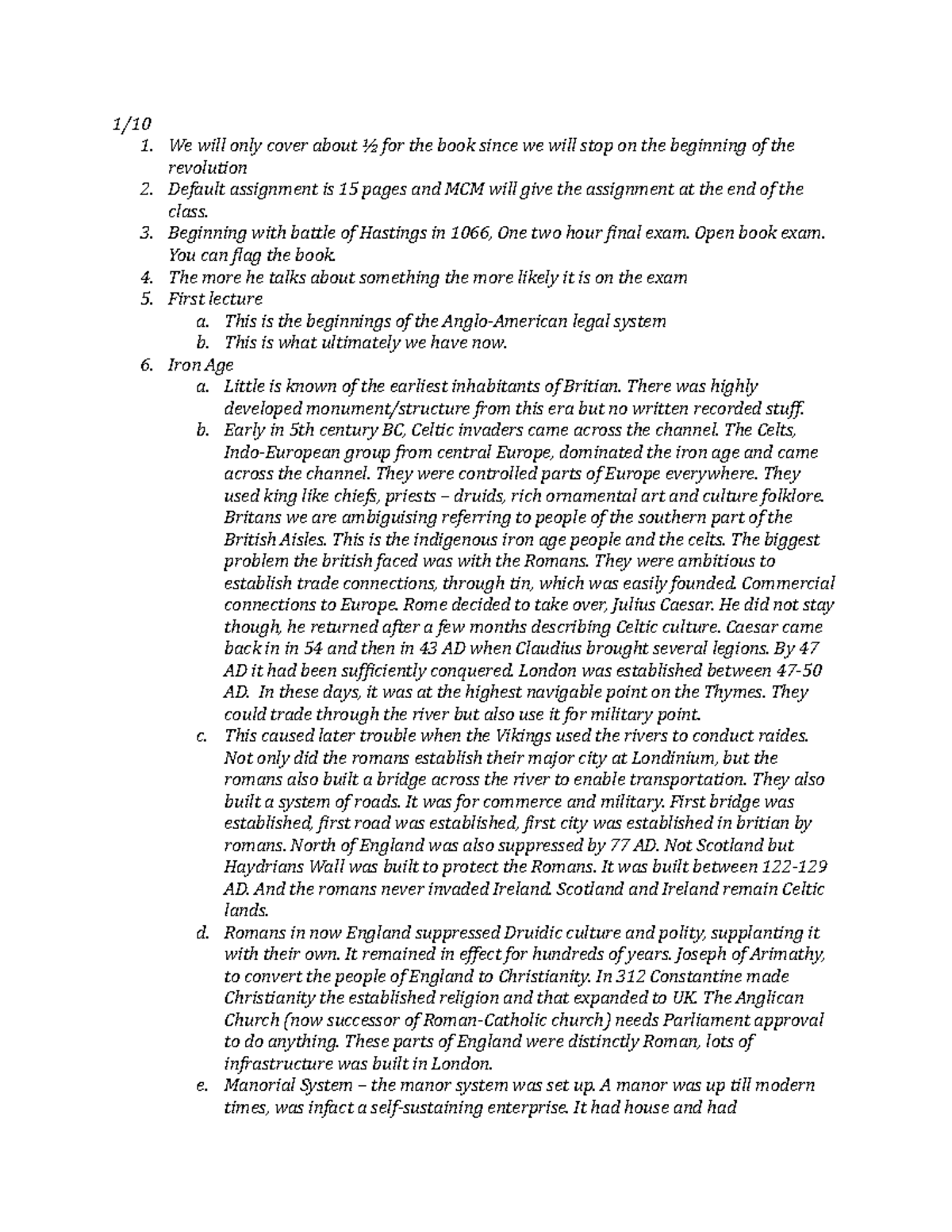 English Legal History Notes - 1/10 1. We will only cover about ½ for ...