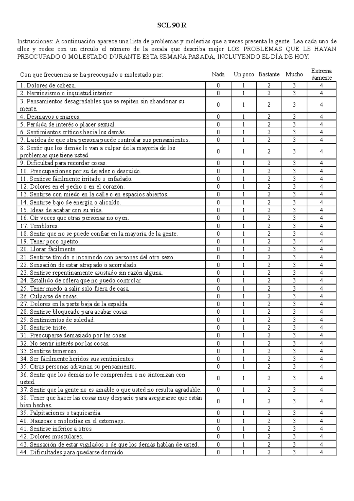SCL90R - Test - test - SCL 90 R Instrucciones: A continuación aparece ...