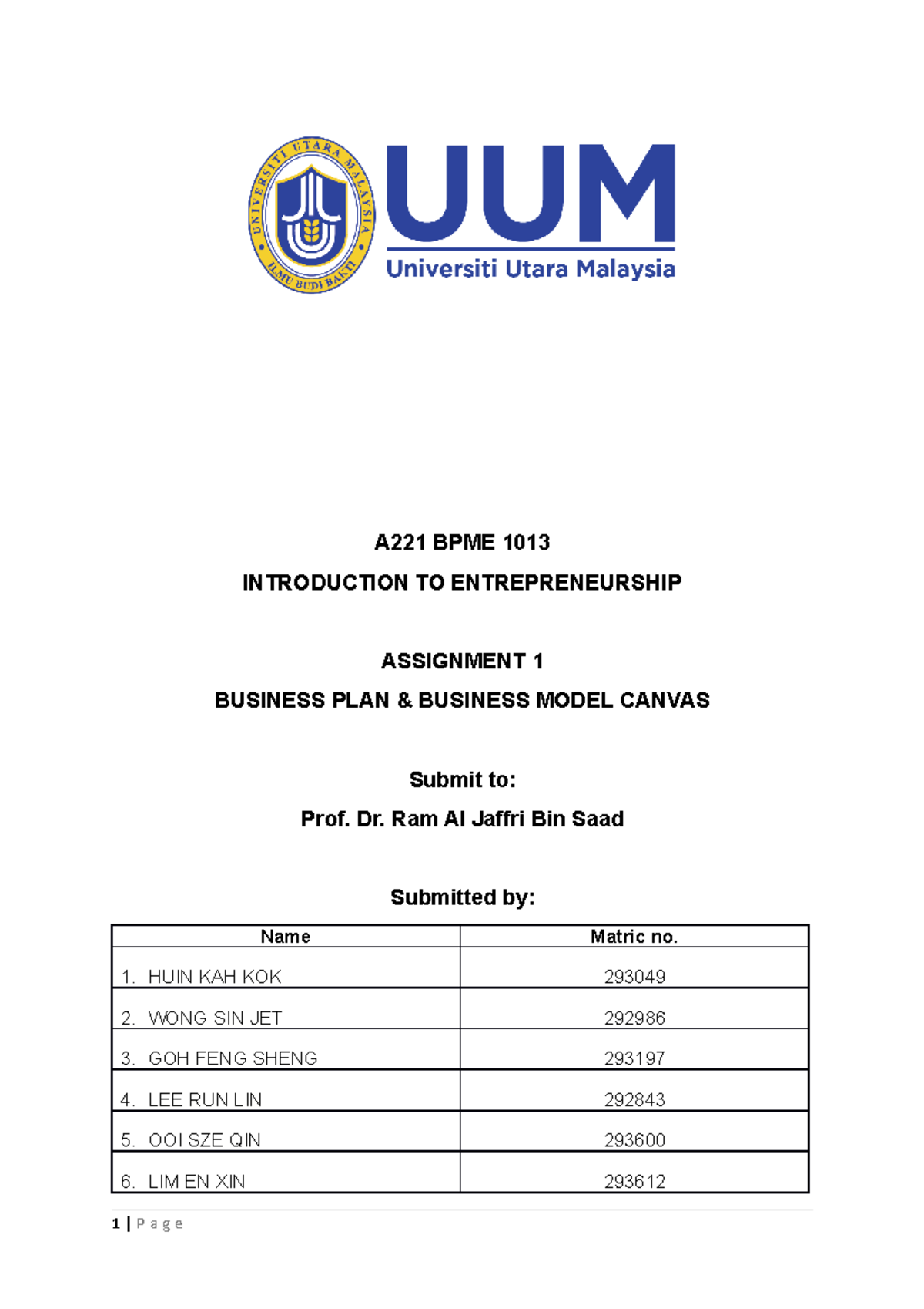 Draft Entreprenuership - A221 BPME 1013 INTRODUCTION TO ...