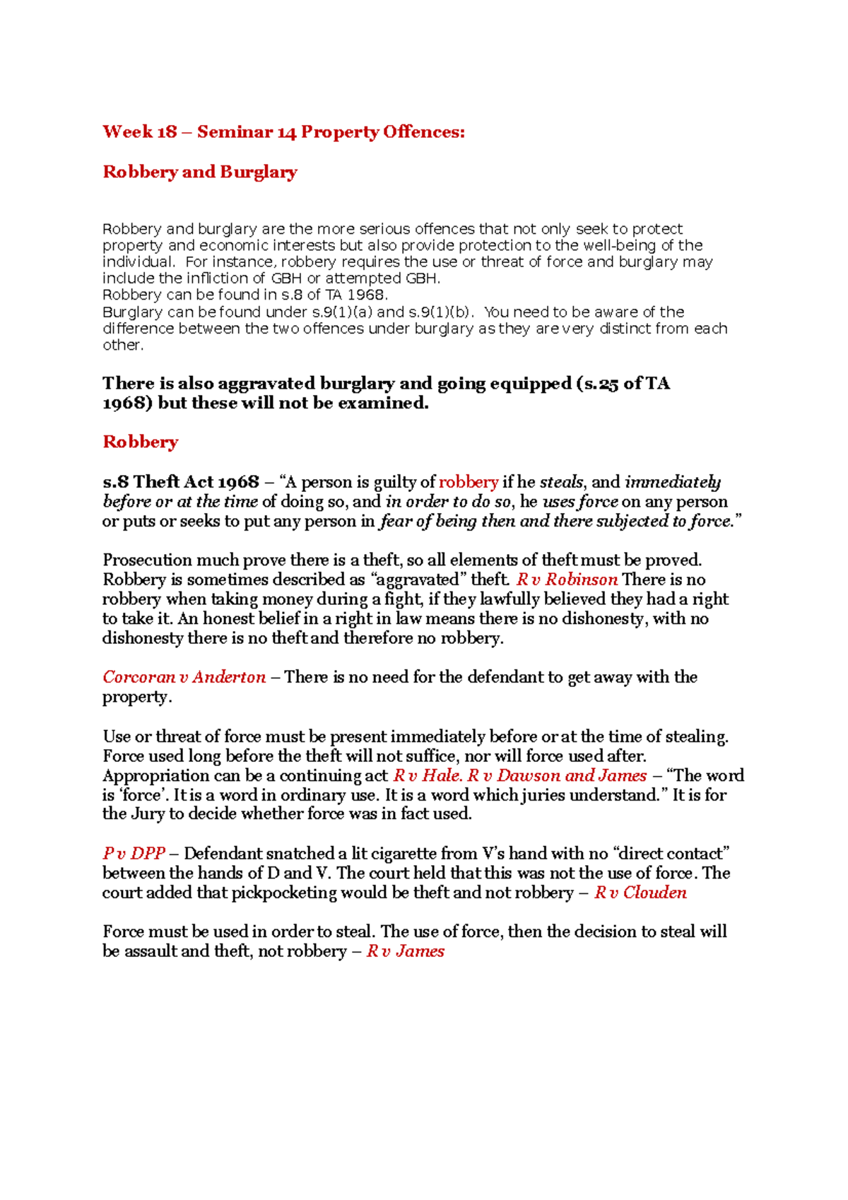 Week 18 Robbery And Burglary Week 18 Seminar 14 Property Offences Robbery And Burglary Studocu