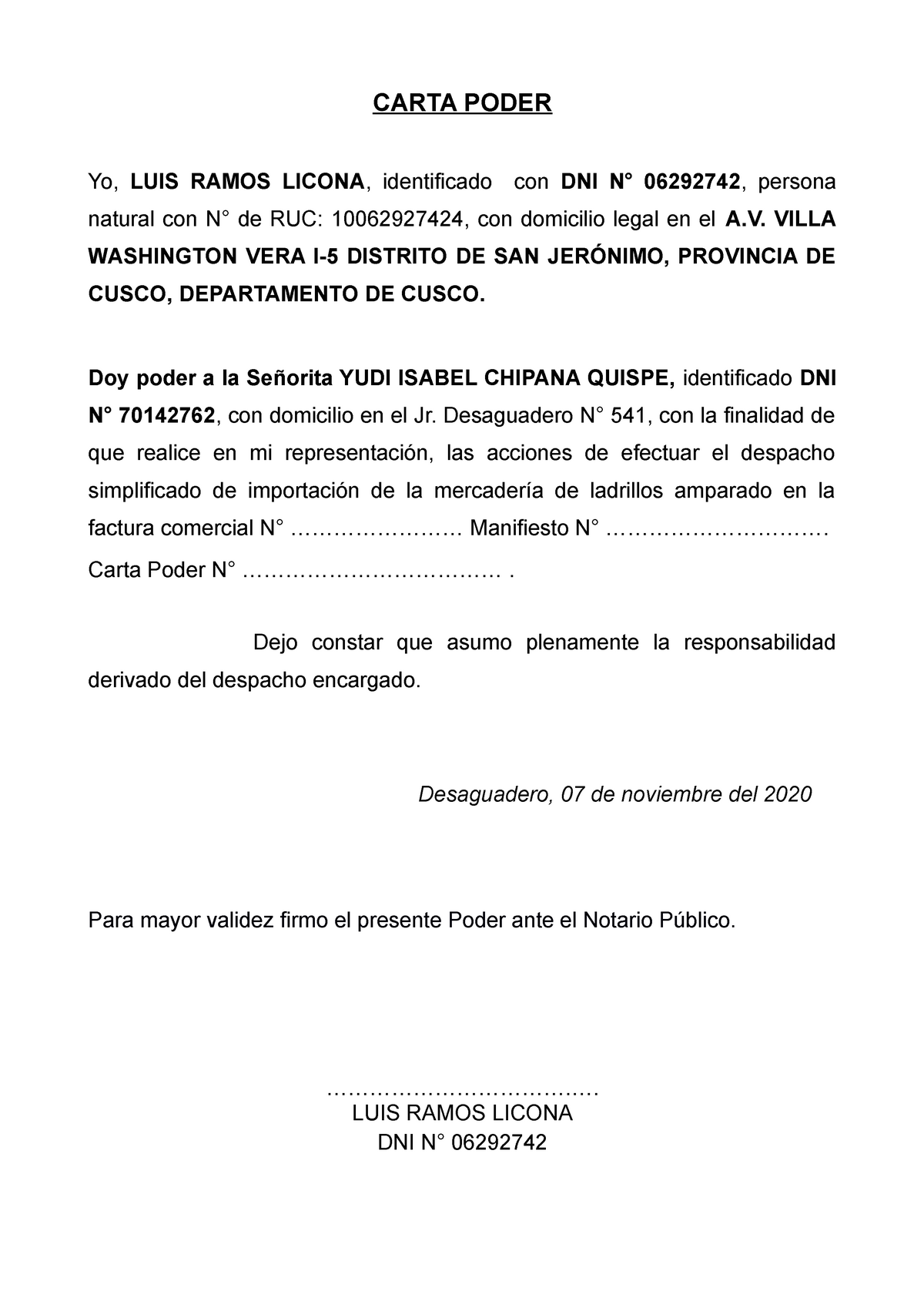 Carta Poder Apuntes 6 Carta Poder Yo Luis Ramos Licona Identificado Con Dni N° 06292742 9941