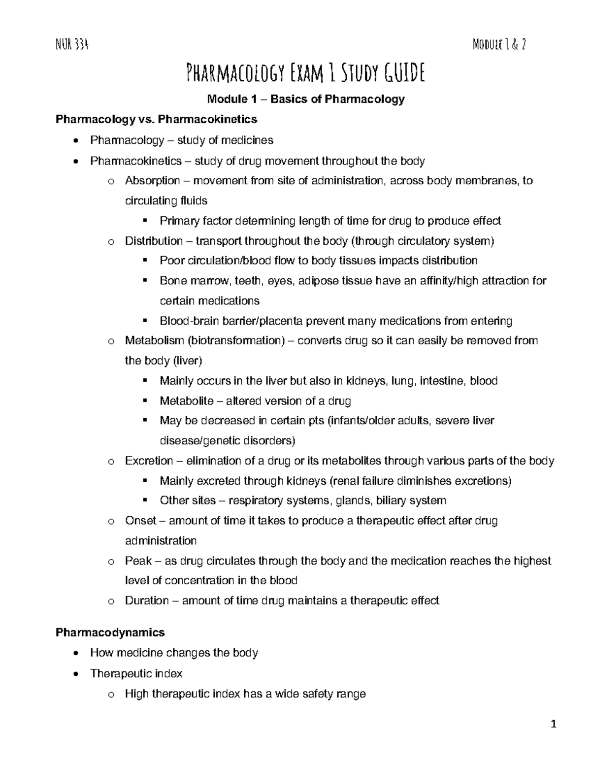 Pharmacology Exam 1 Study Guide - NUR 334 Module 1 & 2 Pharmacology ...