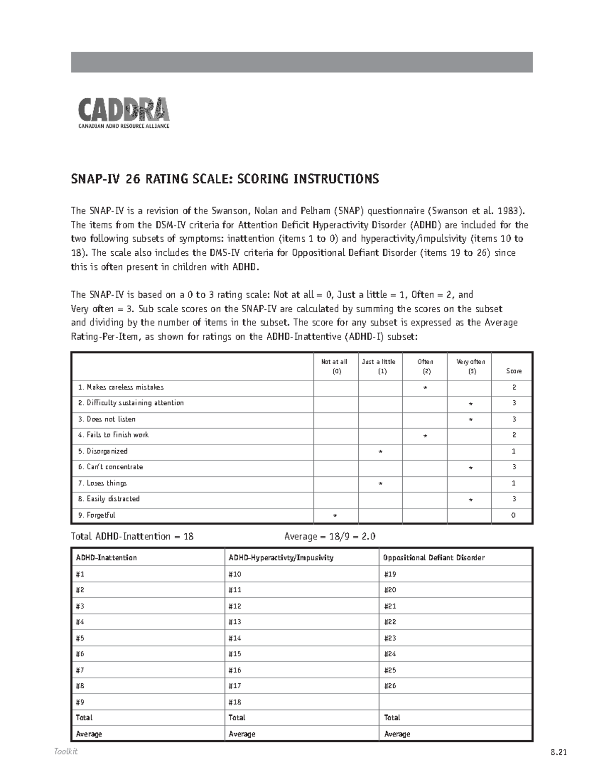 SNAP IV Instructions - Toolkit 8. SNAP-IV 26 RATING SCALE: SCORING ...