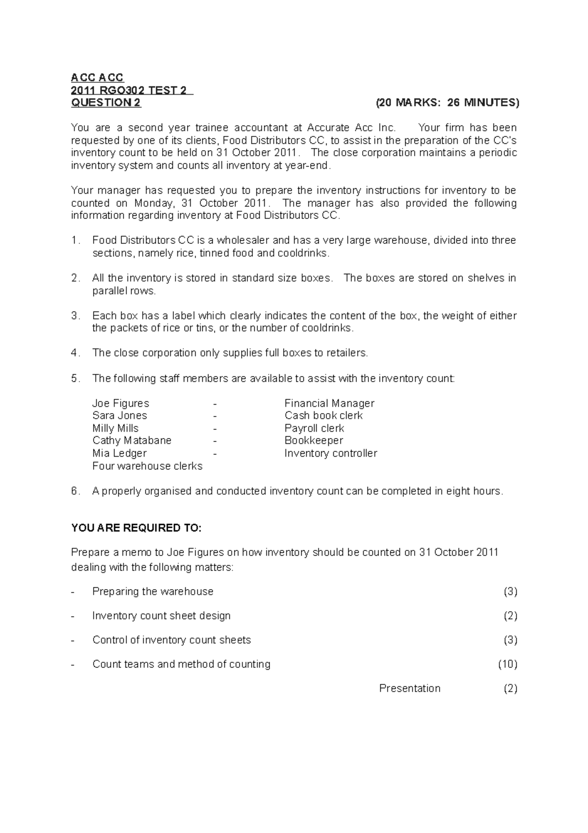 2. Food Distributors CC Q Inv instructions ACC ACC 2011 RGO302 TEST 2
