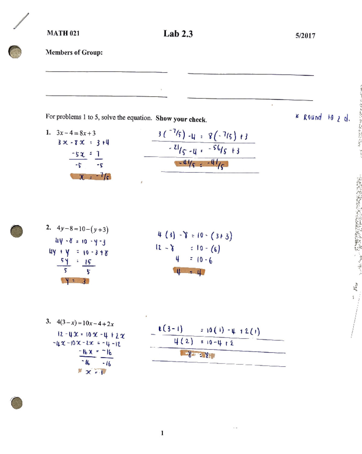 Lab 2.3 2 - Lab 2.3 - MATH 021 Lab 2 Members Of Group: Round 102d. For ...