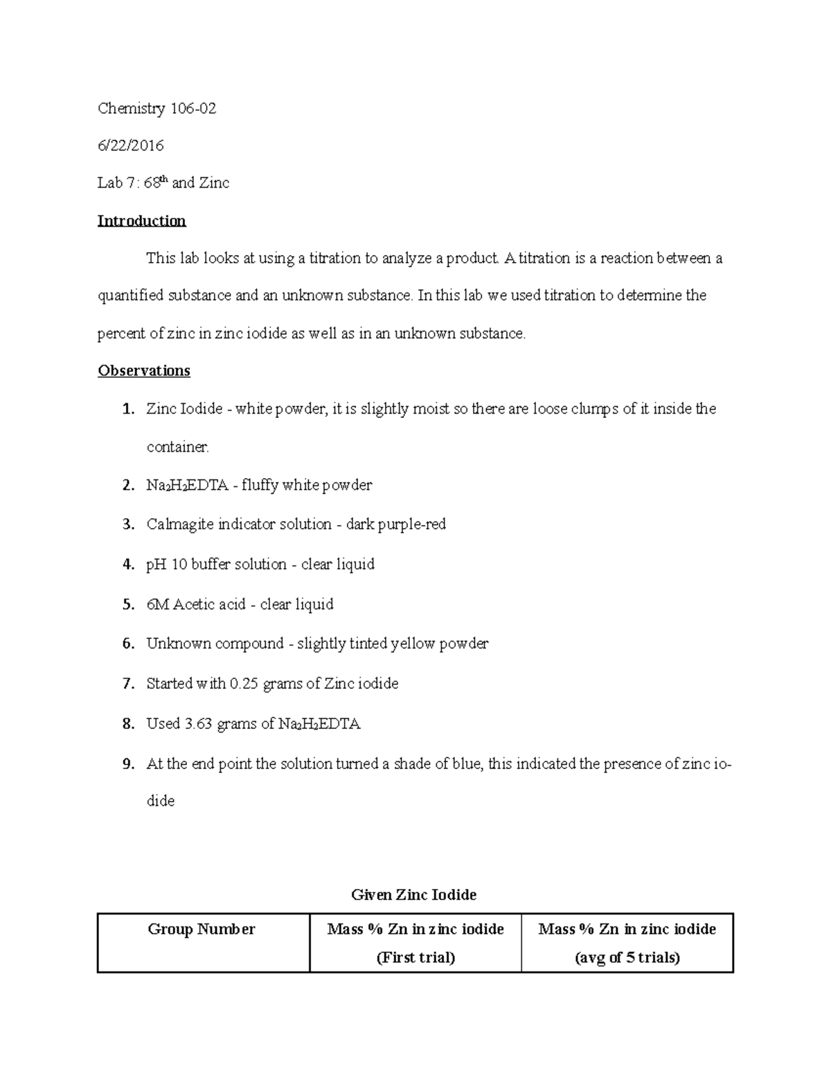 68th and Zinc lab report Chemistry Lab 7 68th and Zinc Introduction