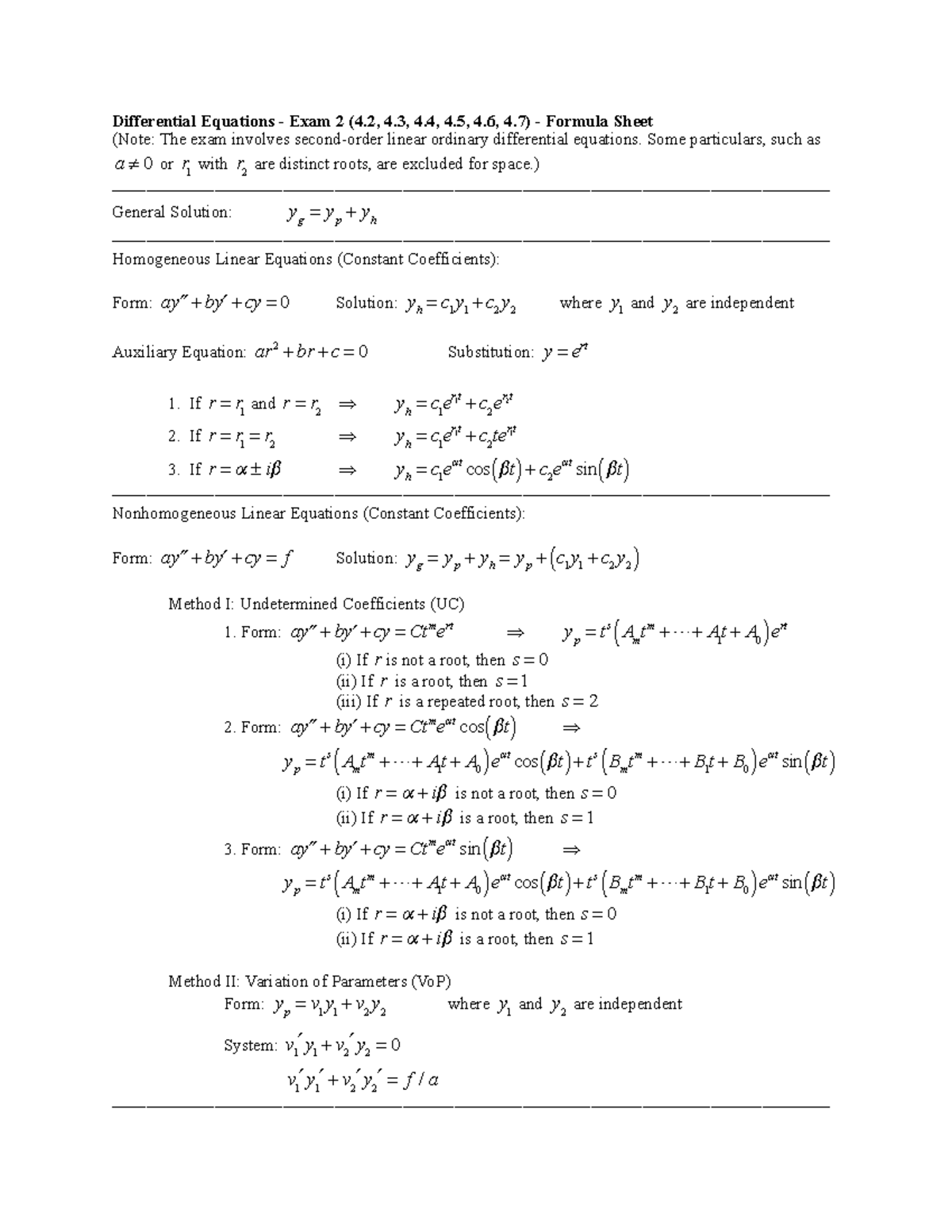 Exam 2 - Formula Sheet - review - Differential Equations - Exam 2 (4, 4 ...