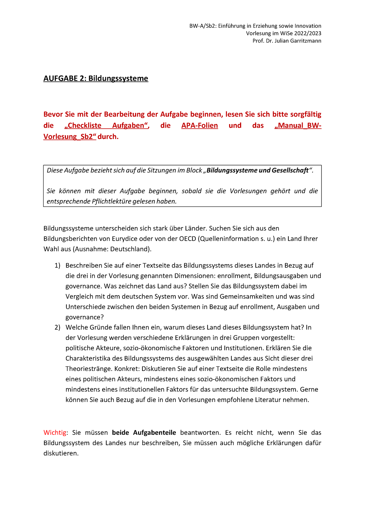 Aufgabe 2 Wi Se 2022-2023 - BW-A/Sb2: Einführung In Erziehung Sowie ...