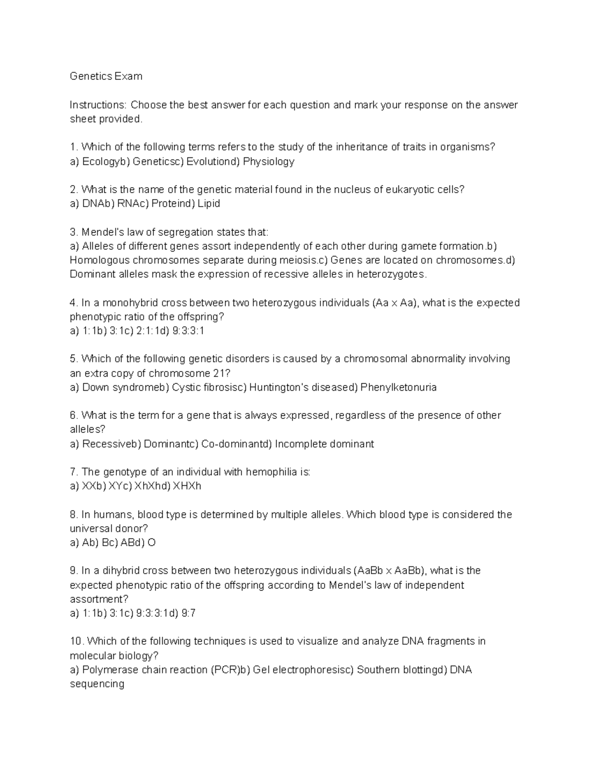 BIO 1552 exam 1 - Something - Genetics Exam Instructions: Choose the ...