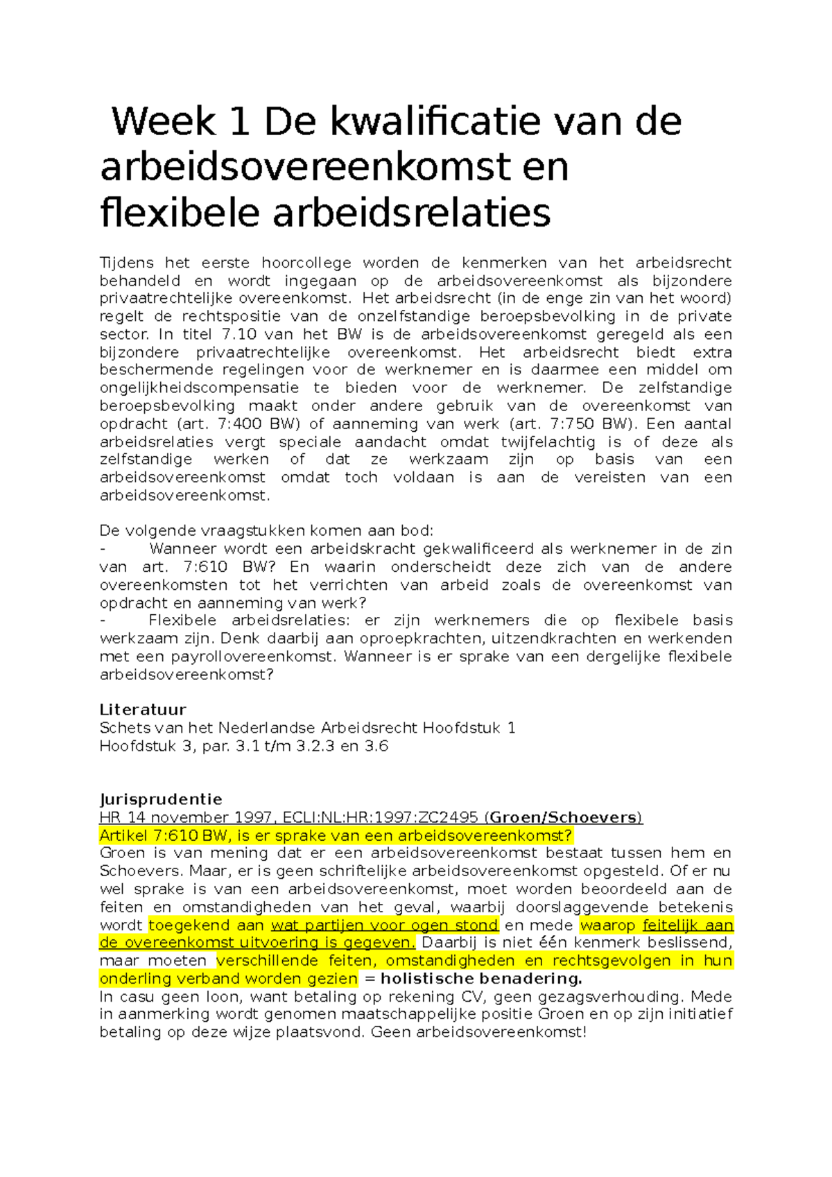 Week 1 De Kwalificatie Van De Arbeidsovereenkomst En Flexibele ...