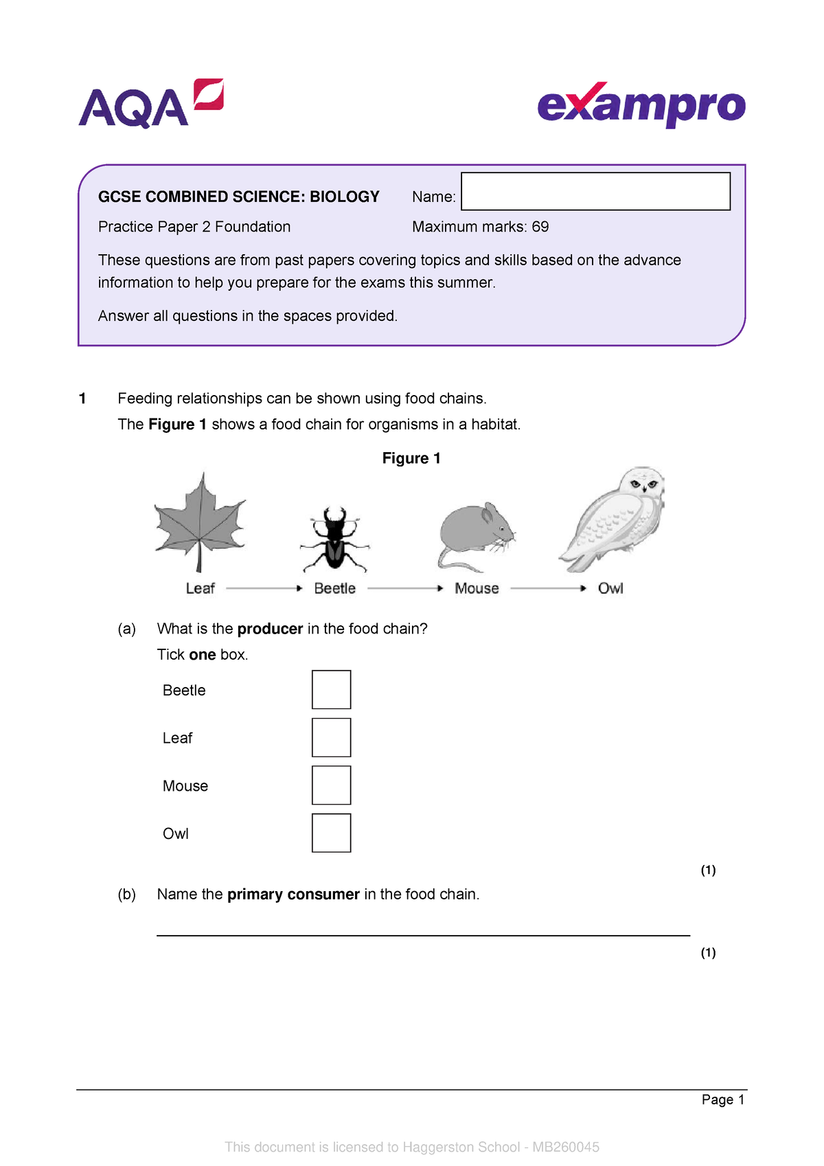 GCSE Trilogy Biology 2F - Page 1 1 Feeding relationships can be shown ...