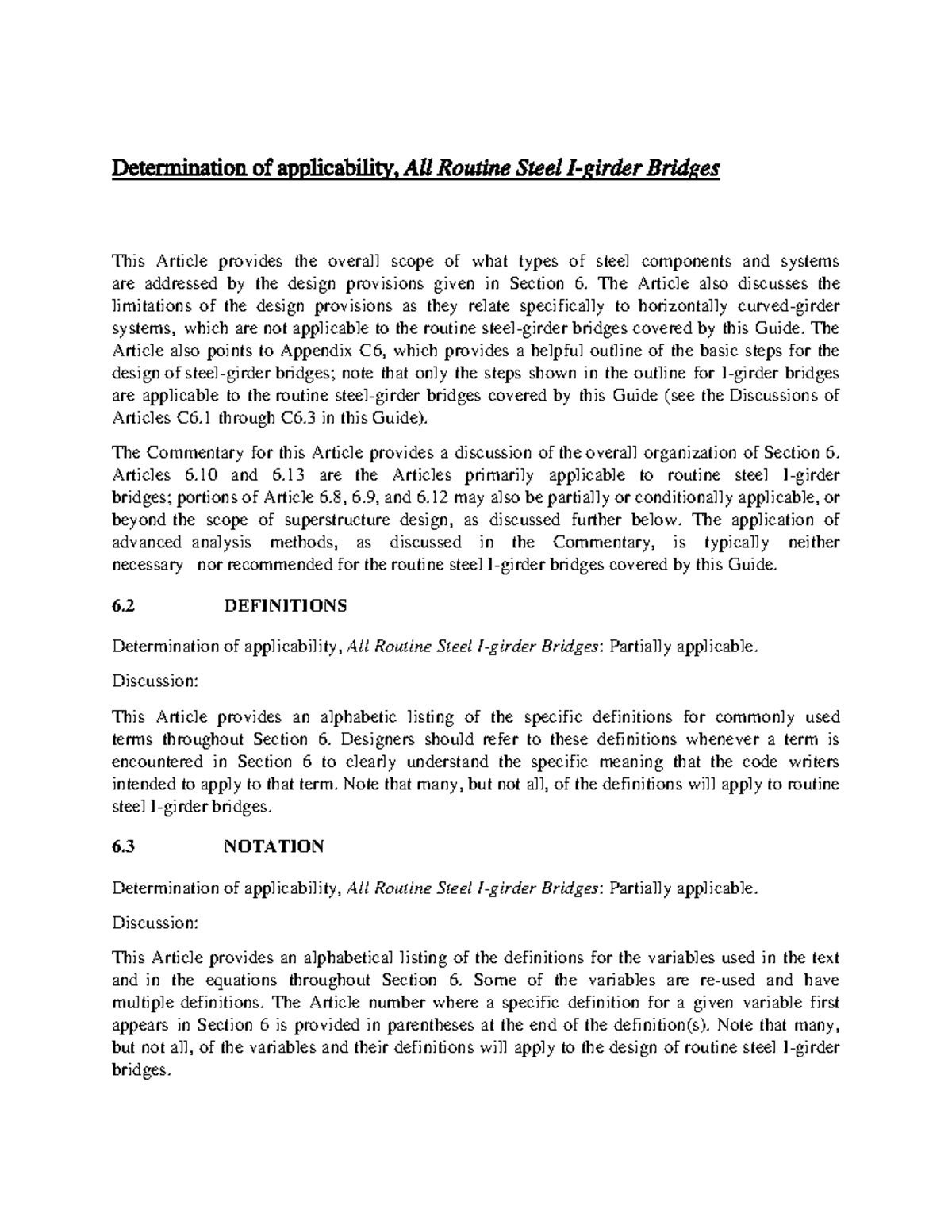 Determination of applicability, All Routine Steel I-girder Bridges ...
