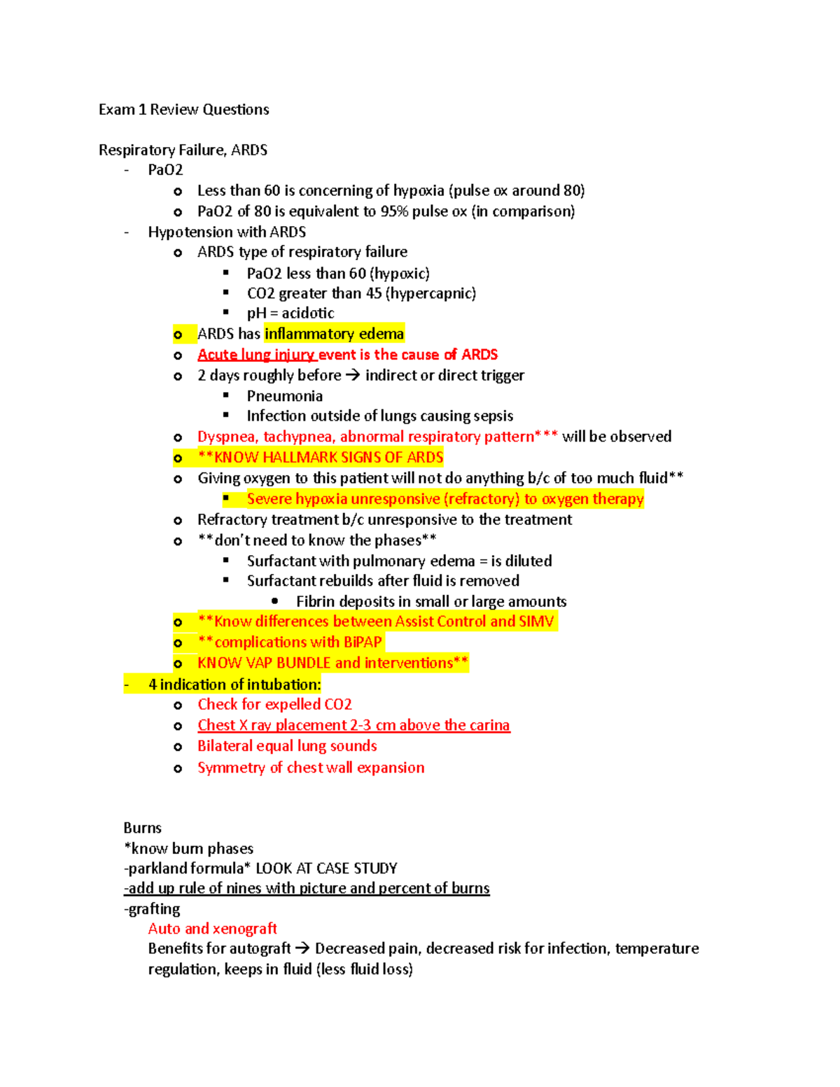 Exam 1 Review Questions - Exam 1 Review Questions Respiratory Failure ...