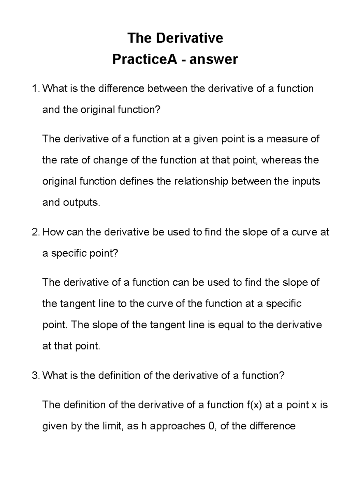 The Derivative Practice A - answer - The Derivative PracticeA - answer ...