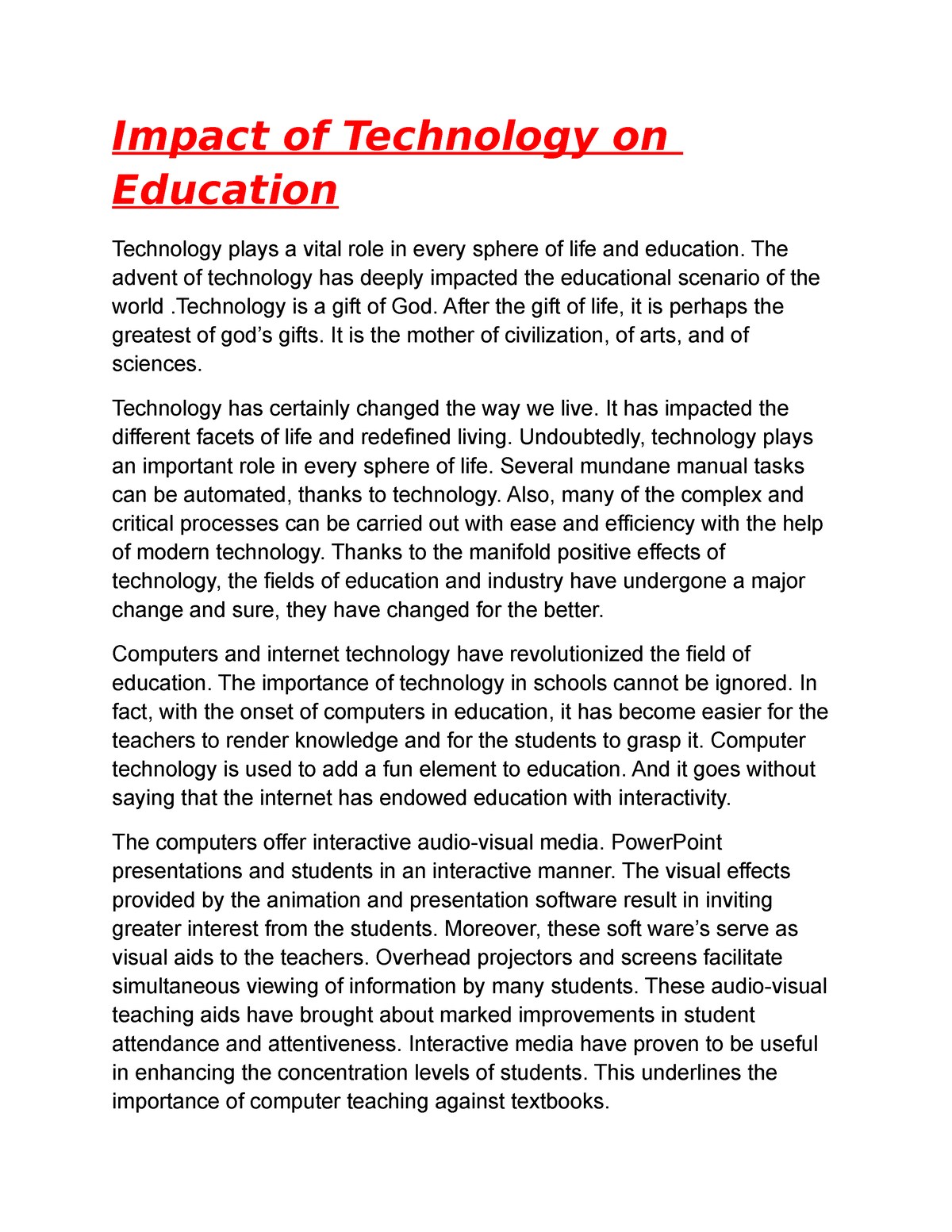 the impact of technology on education essay 300 words