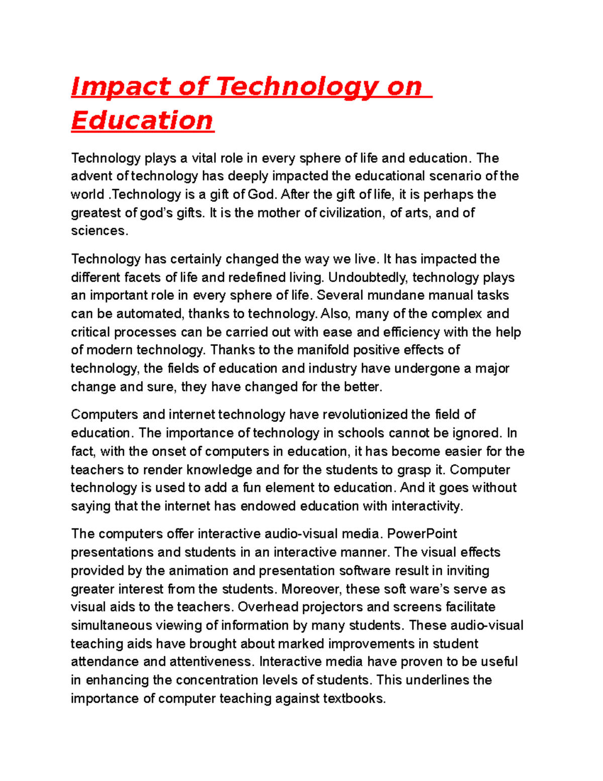 what is the impact of technology on education essay