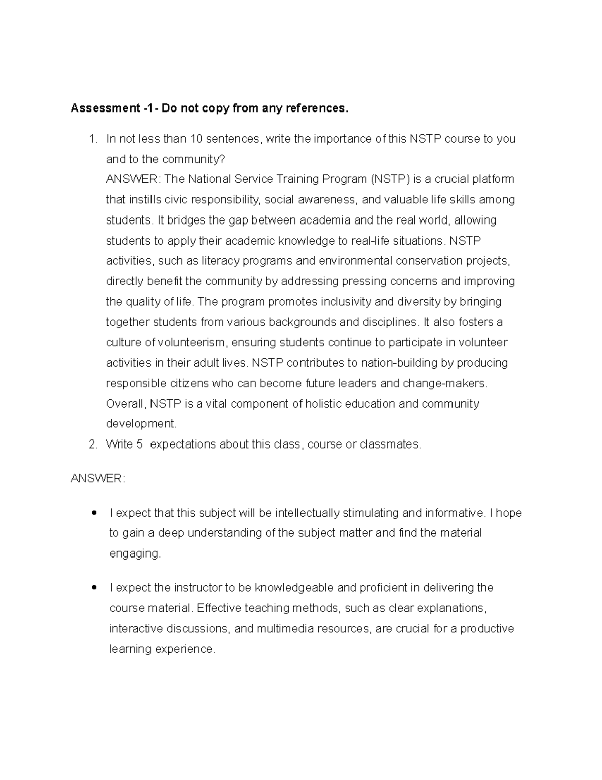 NSTP 1- Assessment-1 - it is assessment - Assessment -1- Do not copy ...