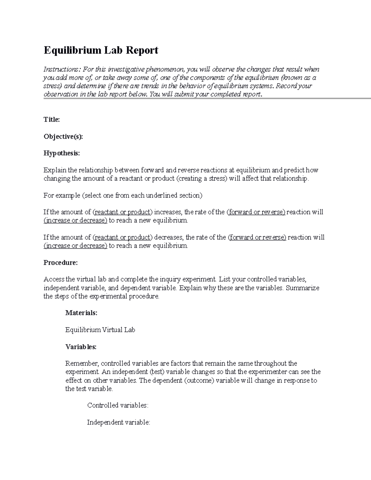 07 06 lab report - Equilibrium Lab Report Instructions: For this ...