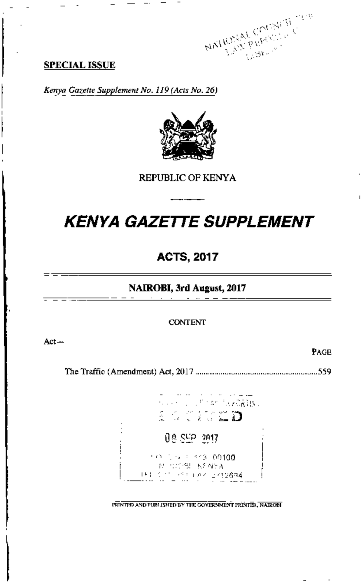 Traffic Amendment Act No 26of2017 - SPECIAL ISSUE Kenya Gazette ...