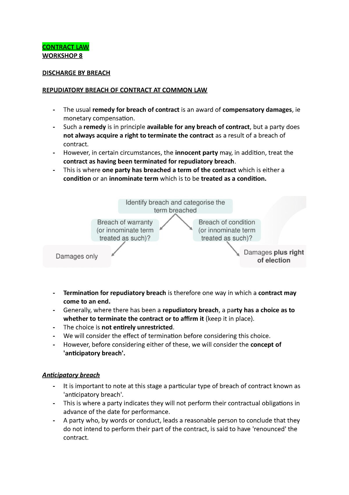 Discharge BY Breach - CONTRACT LAW WORKSHOP 8 DISCHARGE BY BREACH ...