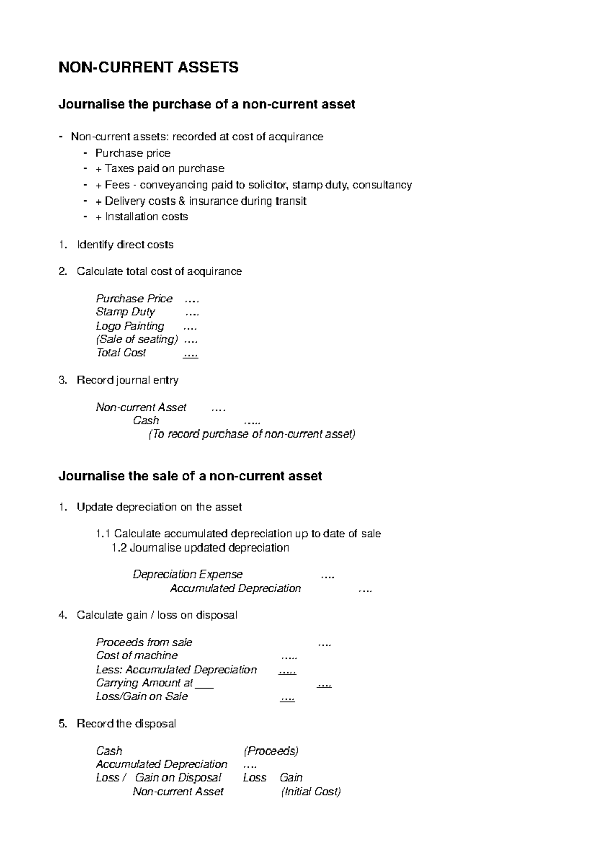 Accounting B Exam Cheat Sheet - NON-CURRENT ASSETS Journalise The ...