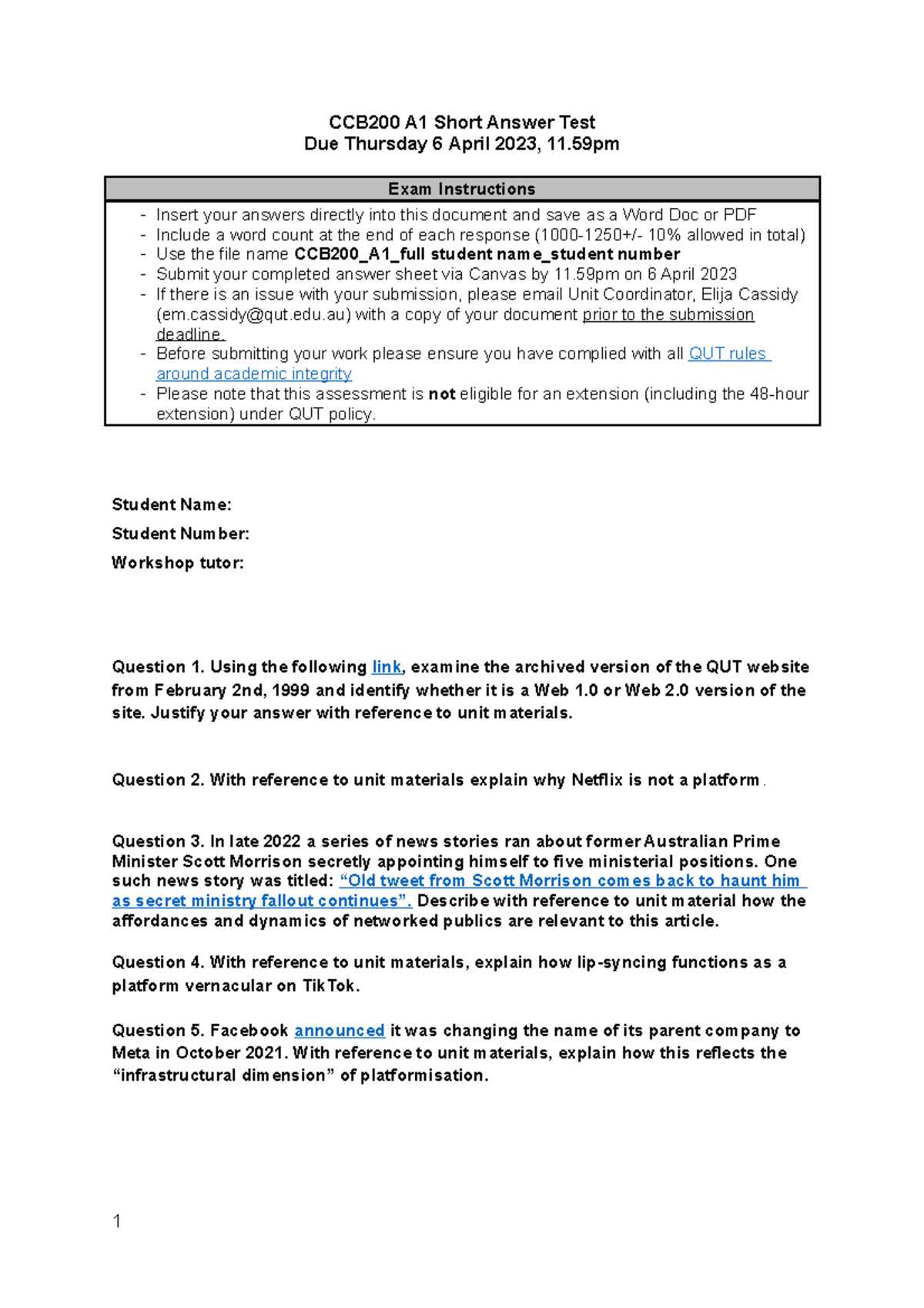 CCB200 A1 Short Answer Test - Questions And Answer Booklet 2023 1 ...