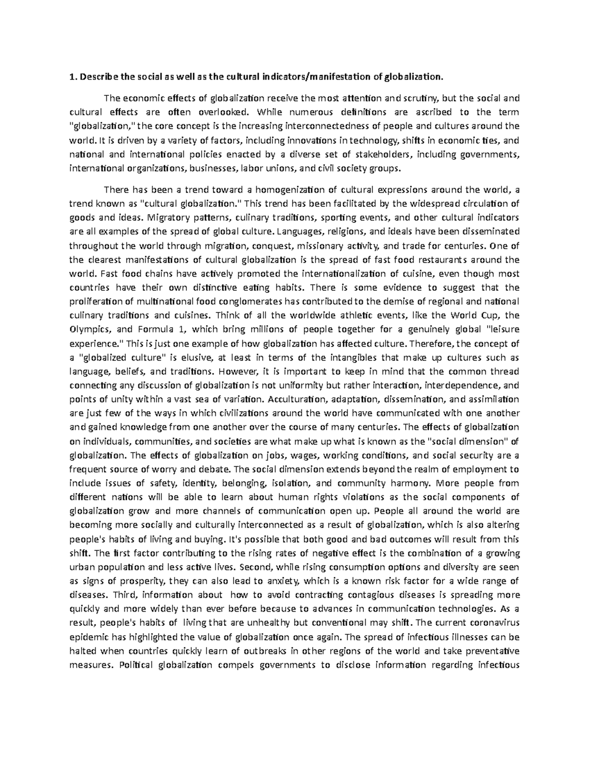 Social AND Cultural Indicators OF Globalization Describe the social