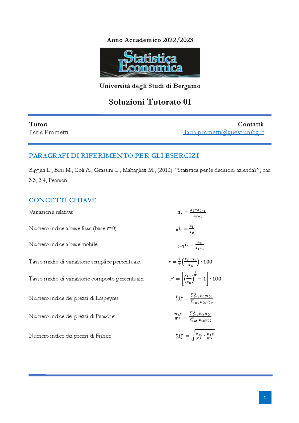 Se Tutorato Soluzioni Statistica Economica Unibg Studocu