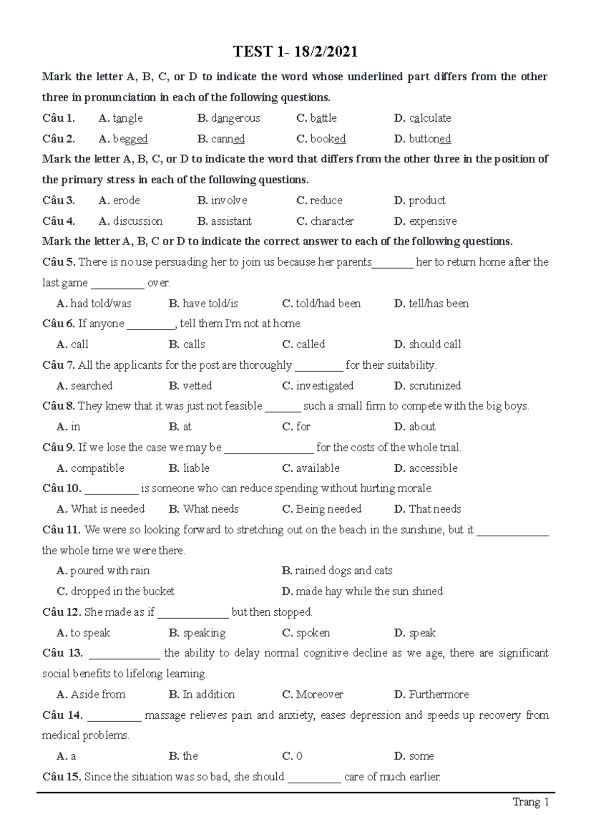 TEST 1- E12 English for success - TEST 1- 18/2/ Mark the letter A, B, C ...