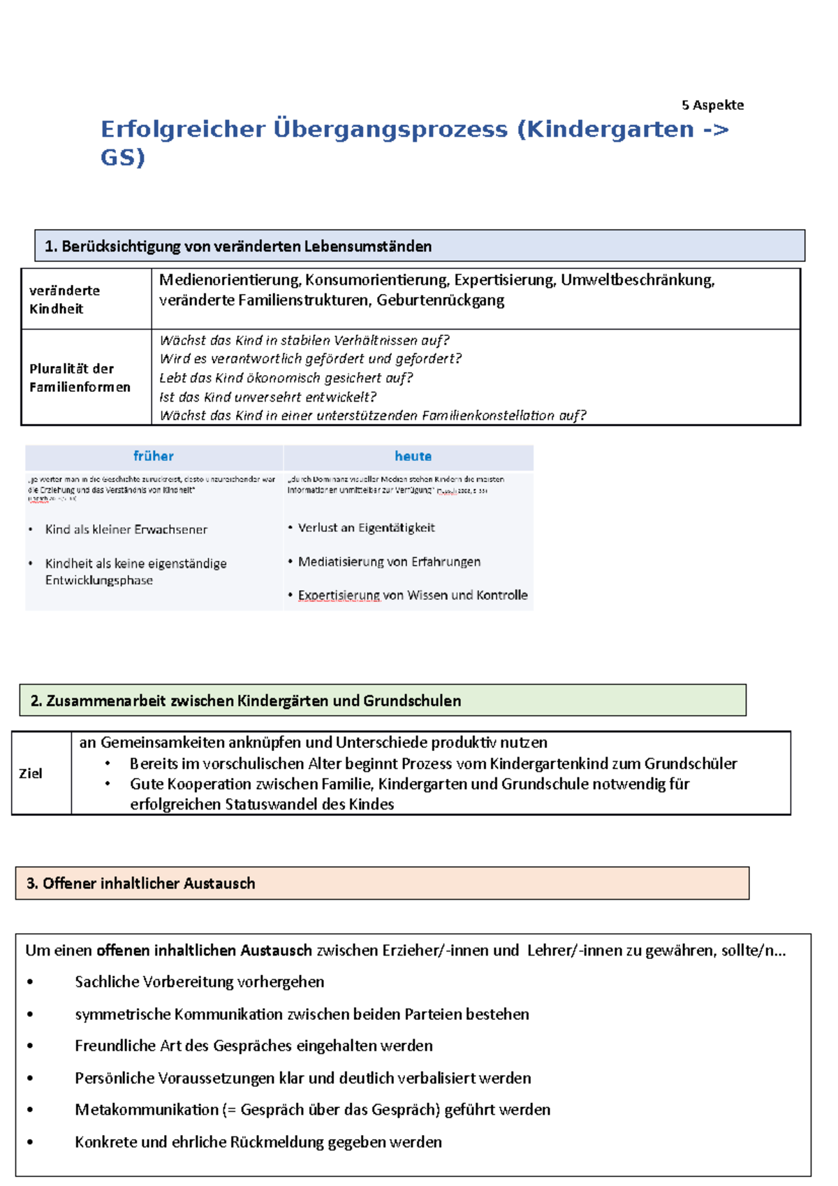 Lernzettel Übergänge der Grundschule - Erfolgreicher Übergangsprozess