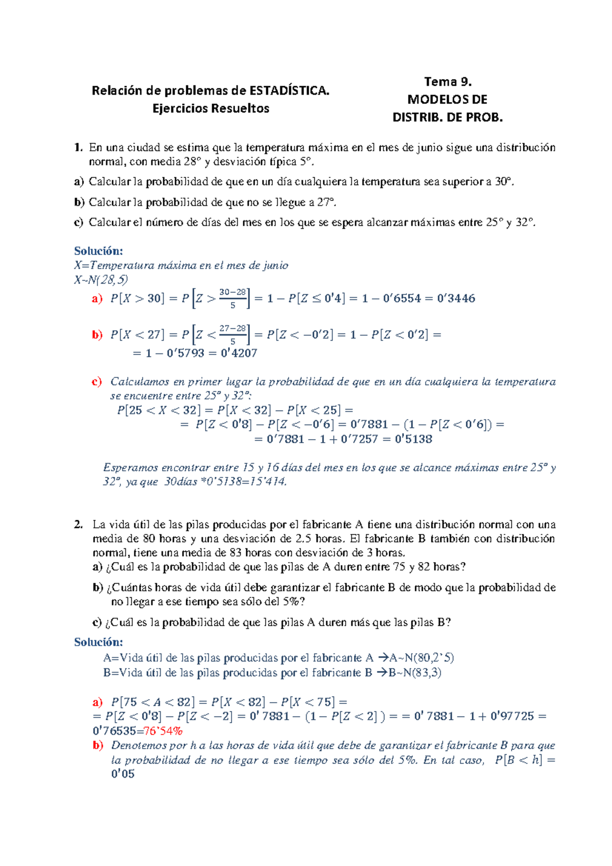 Problemas T9 Soluciones Relación De Problemas De EstadÍstica Ejercicios Resueltos Tema 9 3374