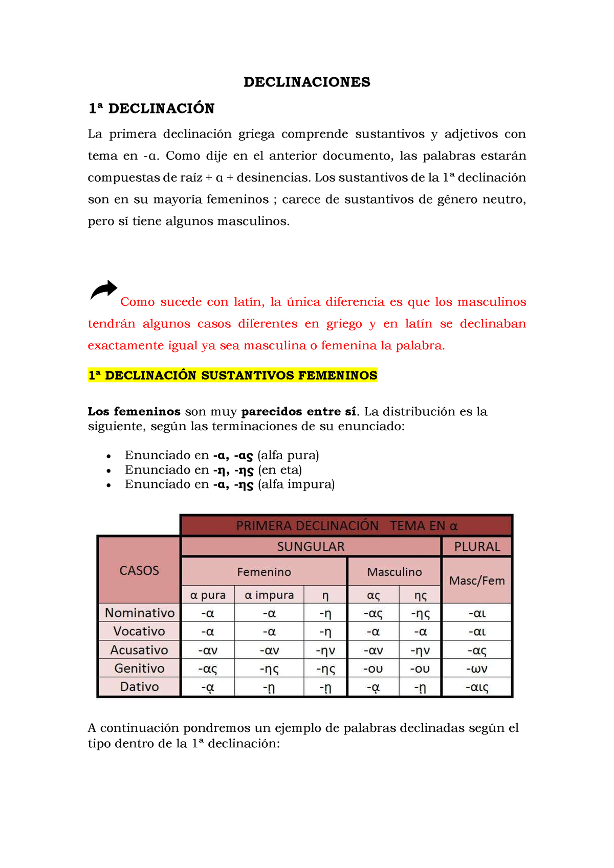 1ª Declinación - DECLINACIONES 1ª DECLINACIÓN La primera declinación griega  comprende sustantivos y - Studocu