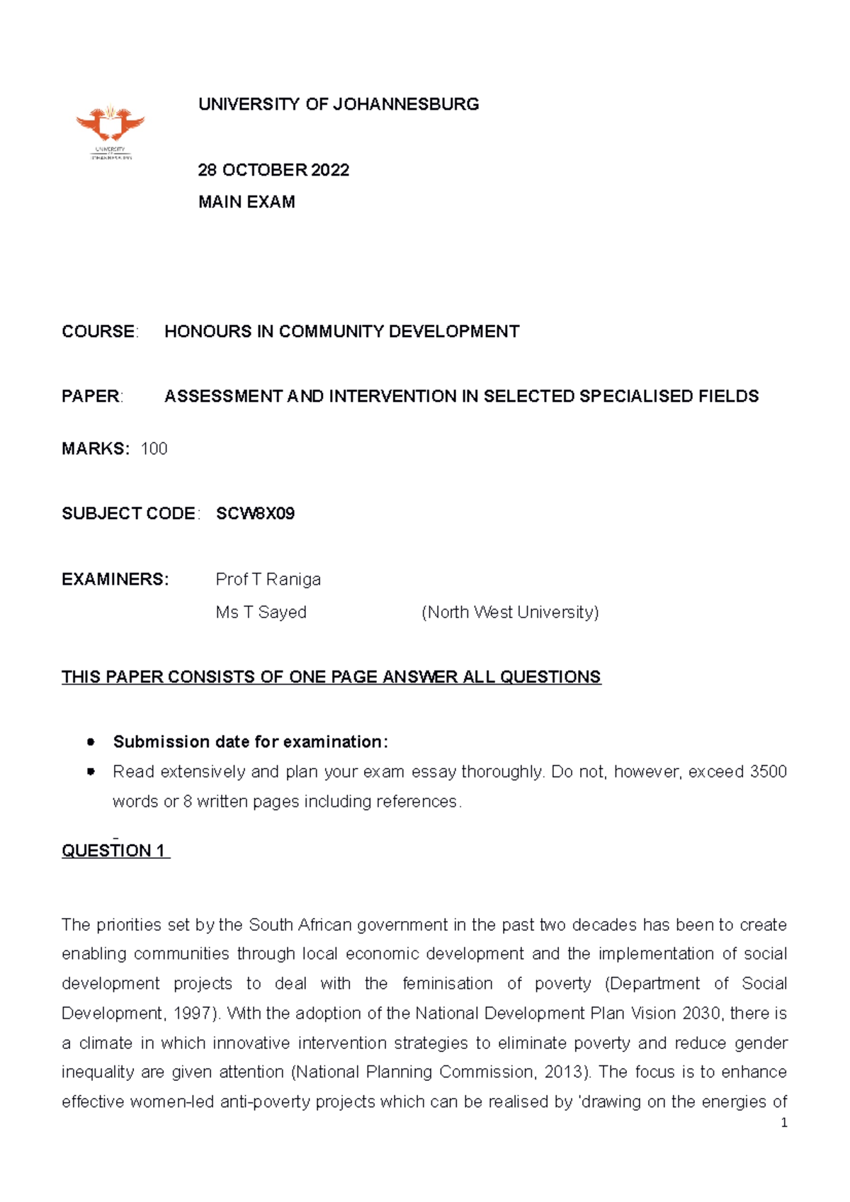 Main exam SCW8X09 Community Development Honours Exam UNIVERSITY OF