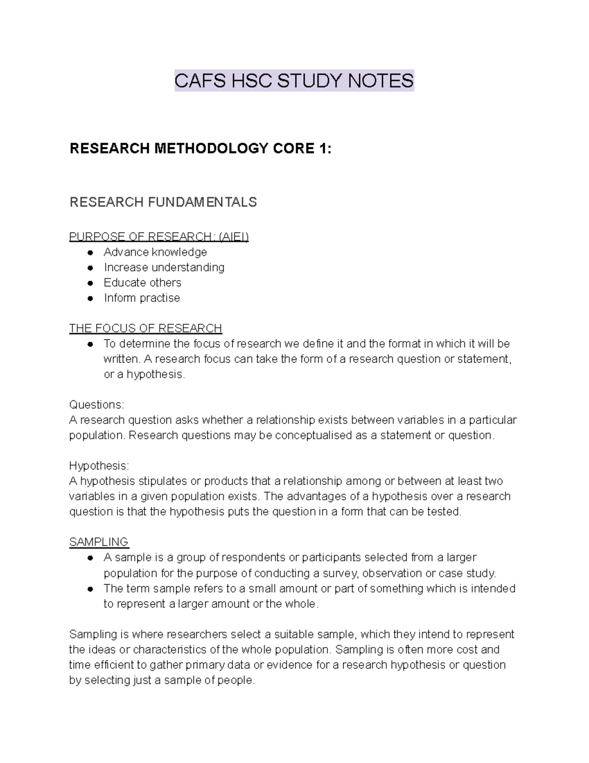 CAFS HSC Course Notes - CAFS HSC STUDY NOTES RESEARCH METHODOLOGY CORE ...