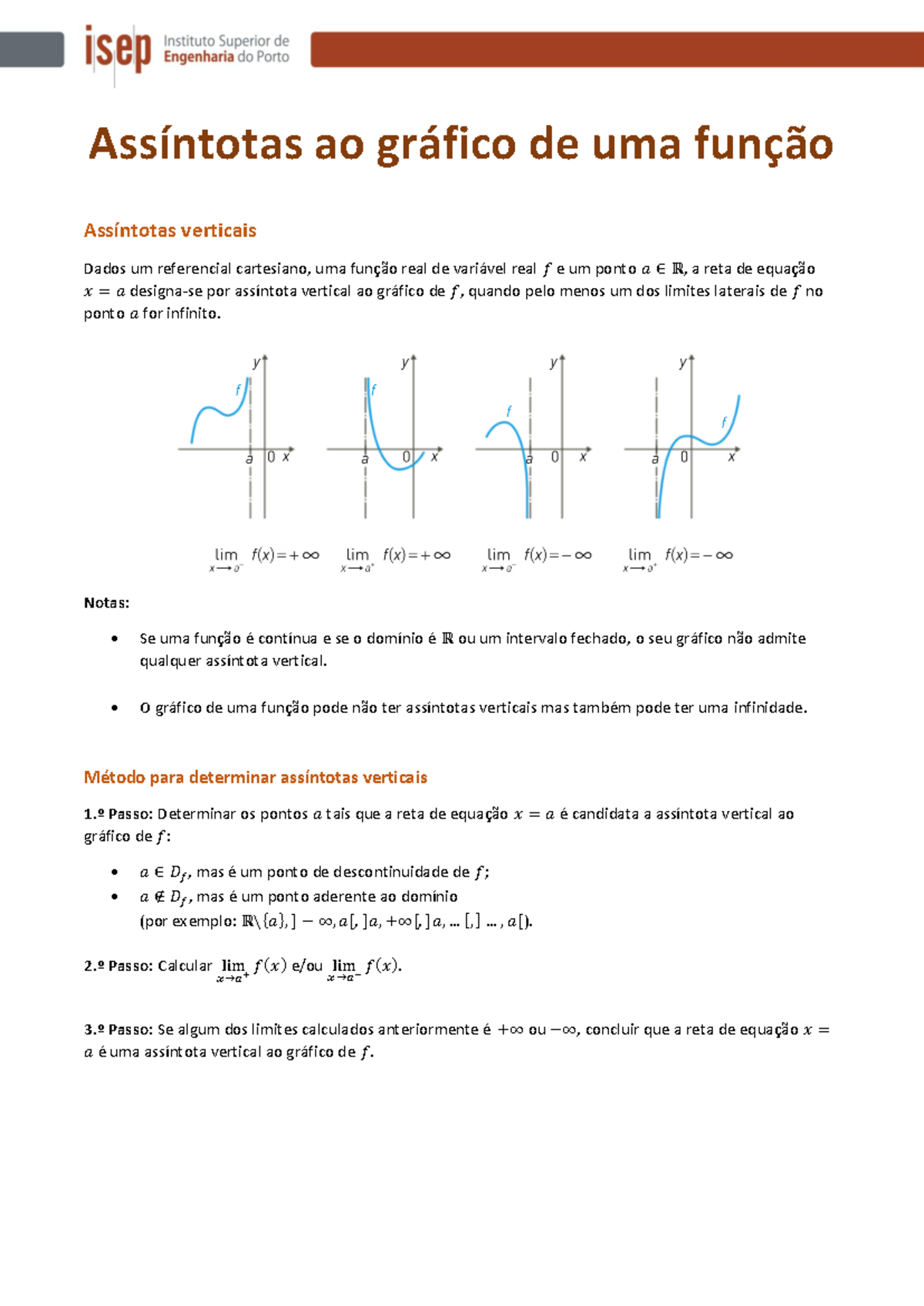 Assintotas - Assíntotas ao gráfico de uma função Assíntotas verticais ...