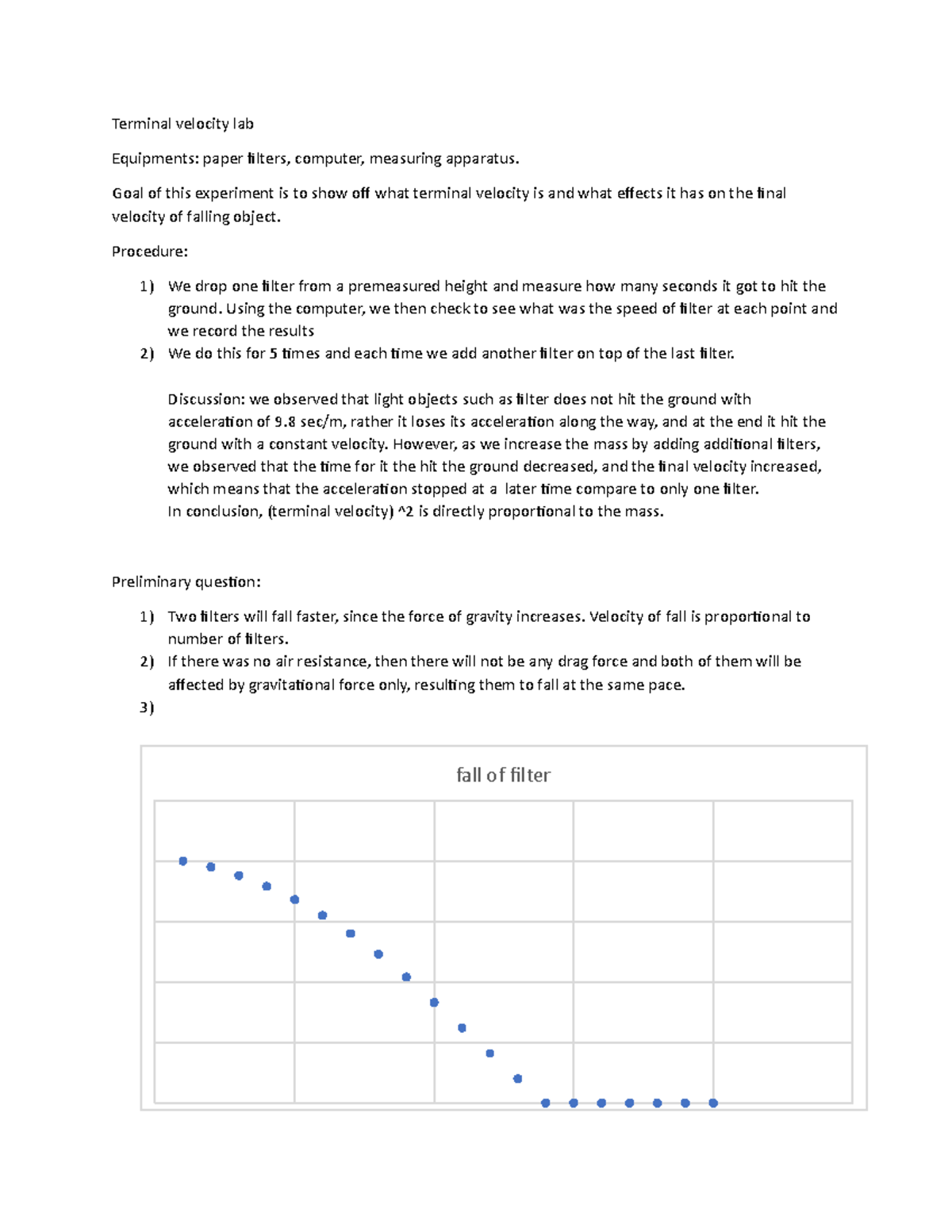 Terminal velocity Lab Terminal velocity lab Equipments paper filters