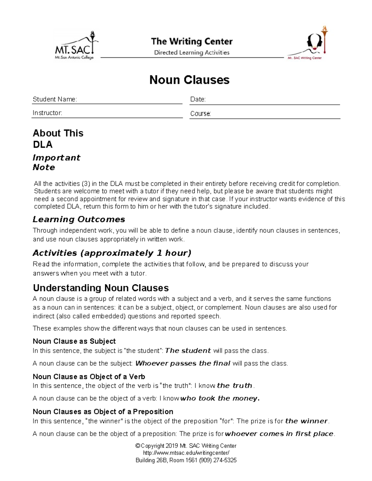 Noun clauses dla new - © Copyright 2019 Mt. SAC Writing Center mtsac ...