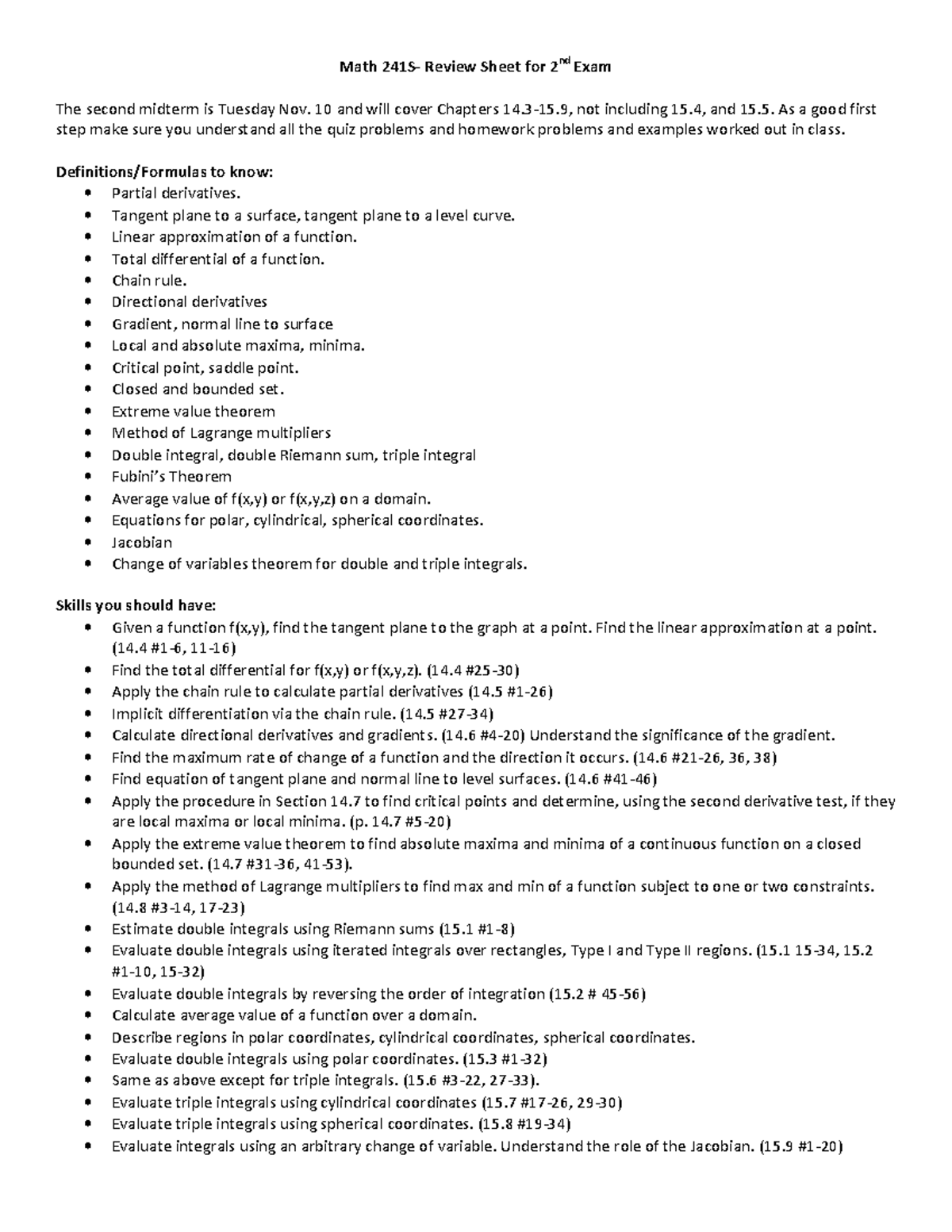 Exam2Review - Review sheet for the 2nd exam - Math 241S- Review Sheet ...