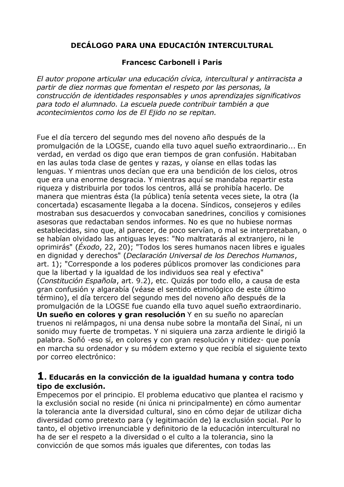 Decalogo Para Una Educacion Intercultural DecÁlogo Para Una EducaciÓn Intercultural Francesc