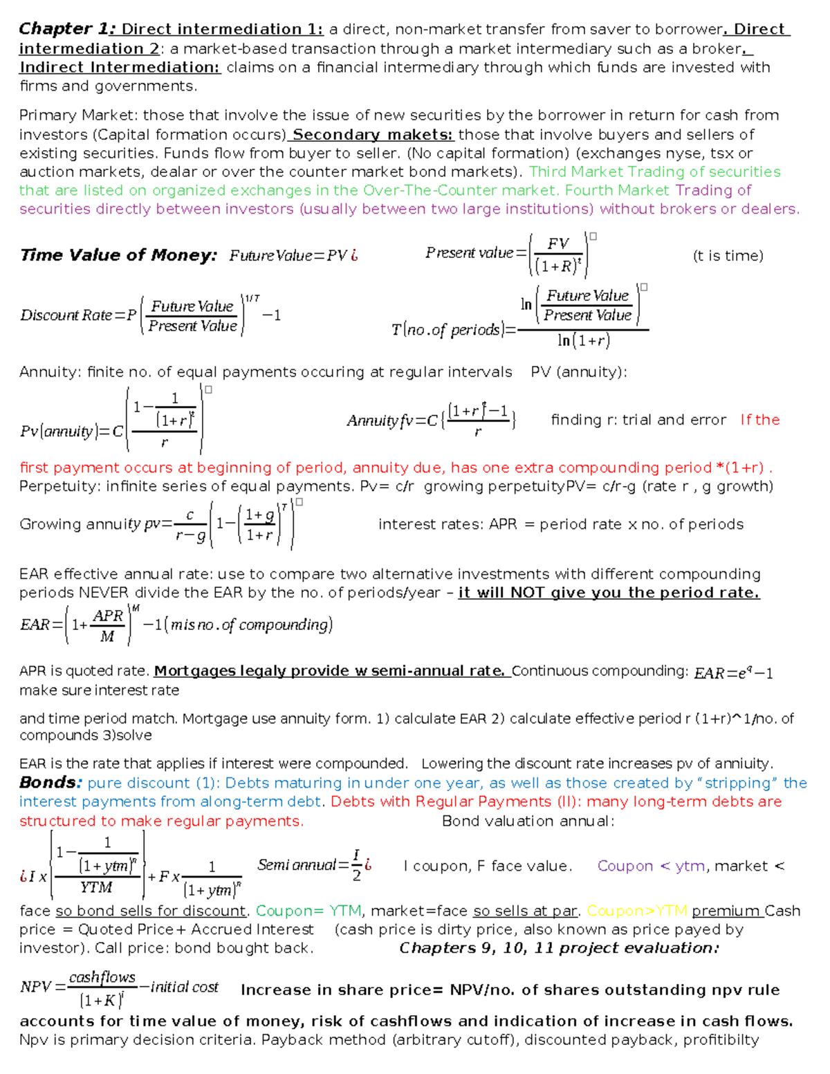 2FA3- crib sheet final - Chapter 1: Direct intermediation 1: a direct ...