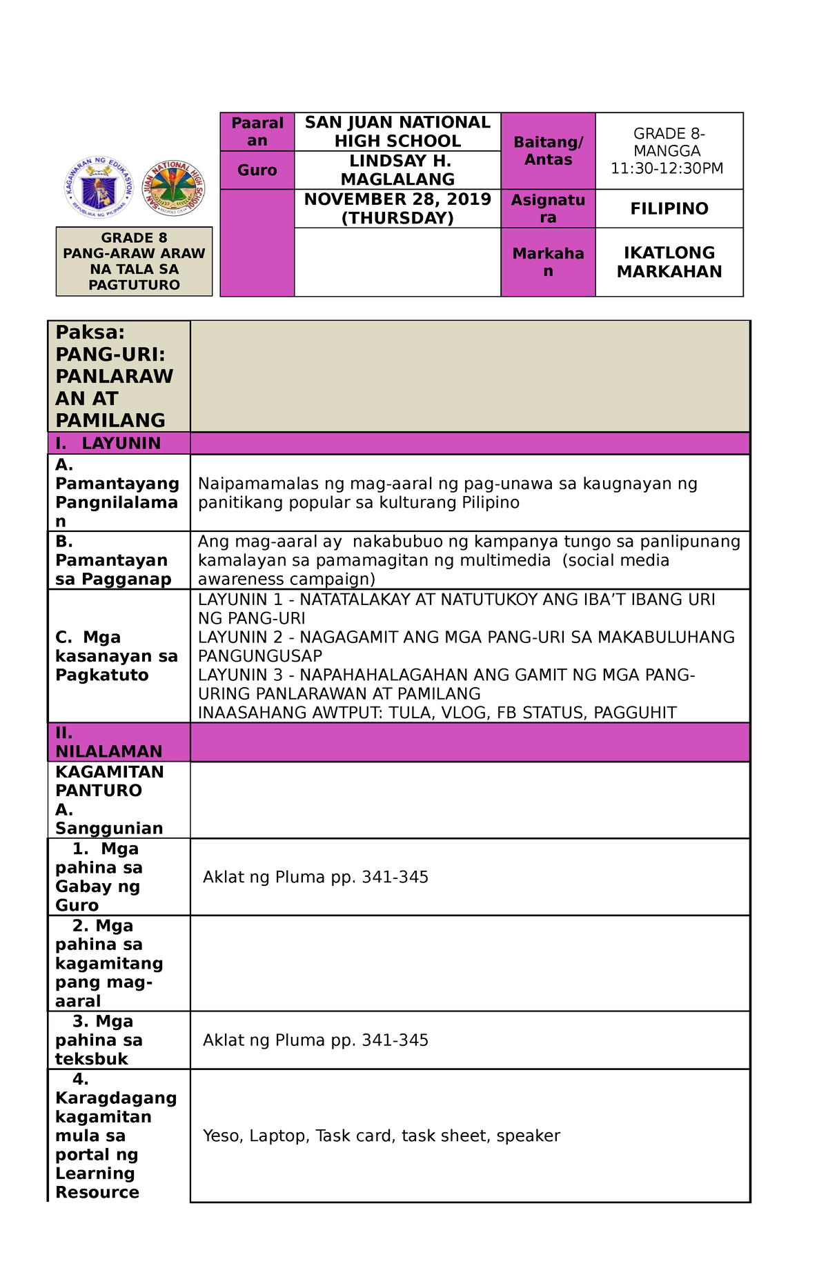 Lesson Plan Filipino Grade 8 Pang Araw Araw Na Tala Sa Pagtuturo Paaral An San Juan National 9786