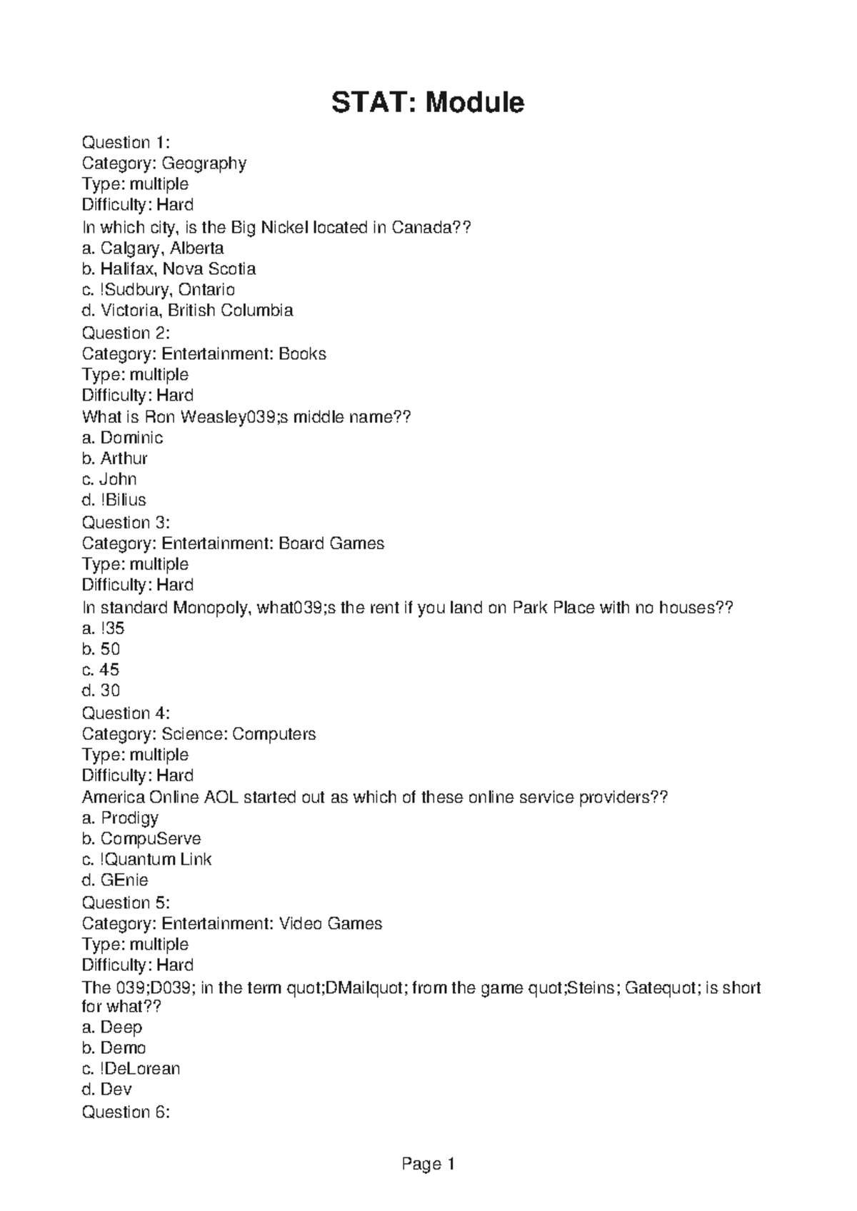 STAT182-HW-9 - STAT182 - STAT: Module Question 1: Category: Geography ...