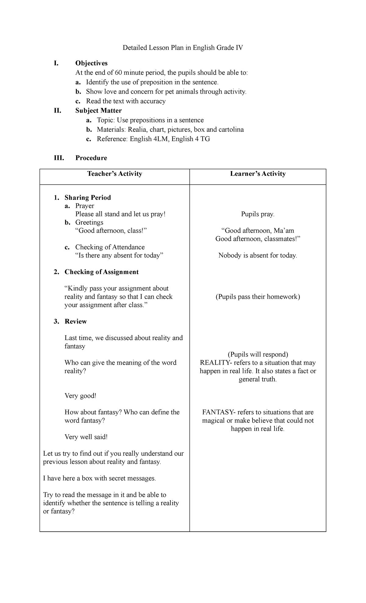 Activity Sheets In English Grade 3